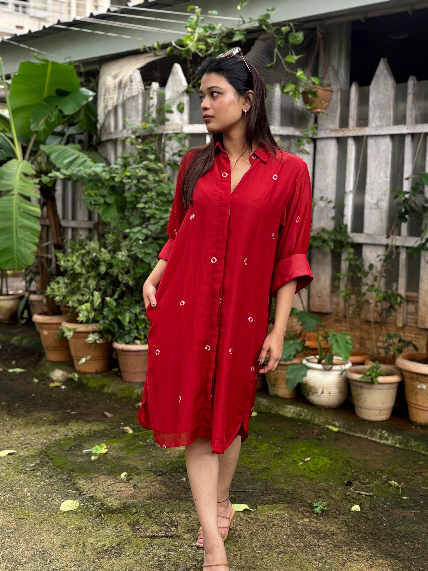 Red Bandhani Cotton Dress for Women ๐