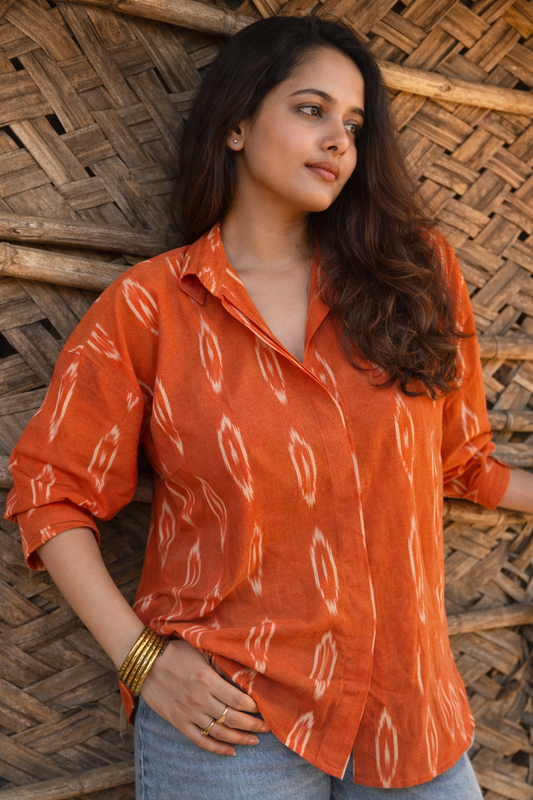 Burnt Orange Ikat Cotton shirt for Women