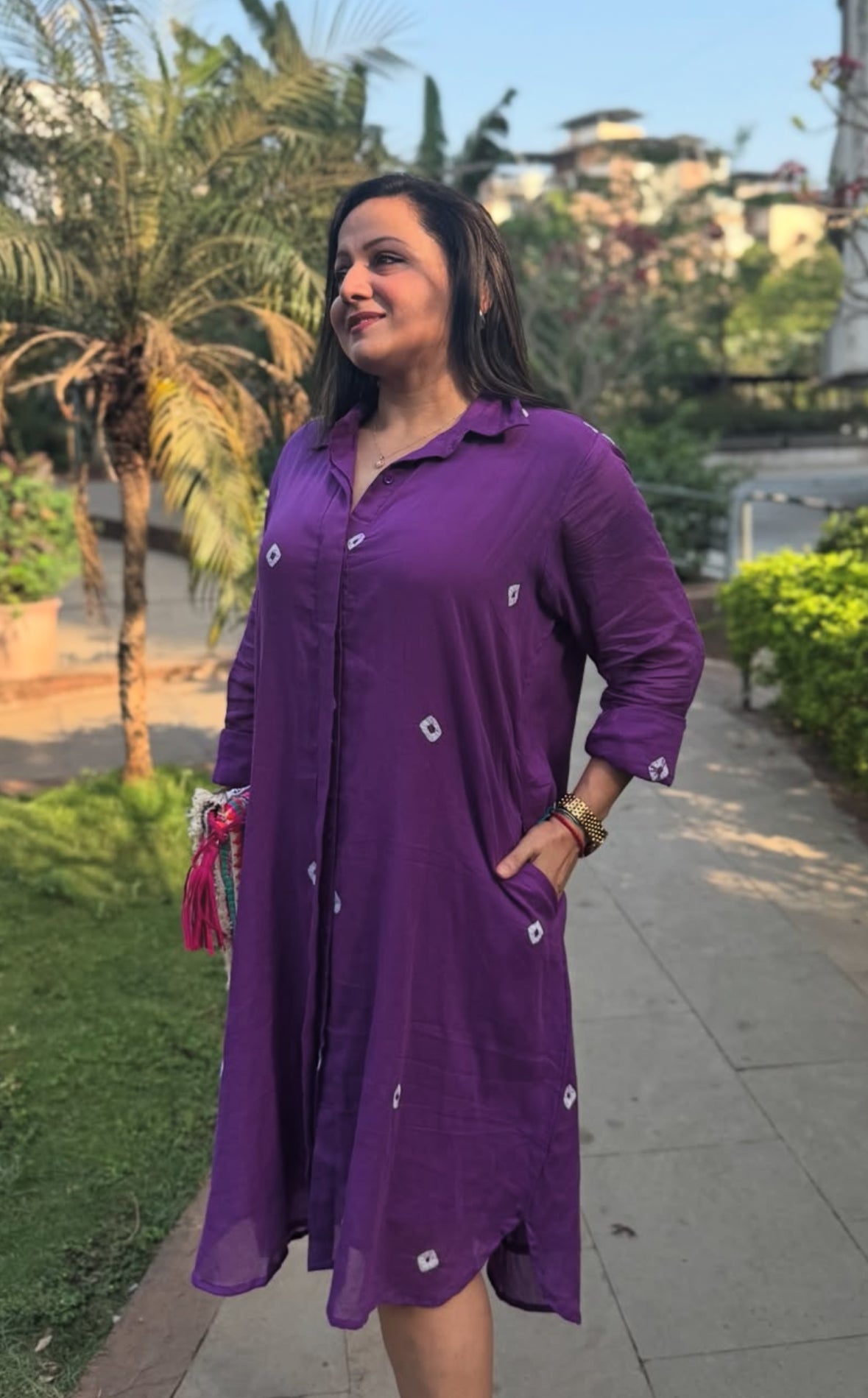 Purple Bandhani Cotton Shirt Dress
