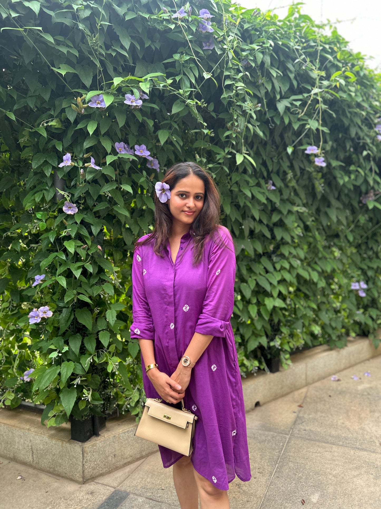 Purple Bandhani Cotton Shirt Dress