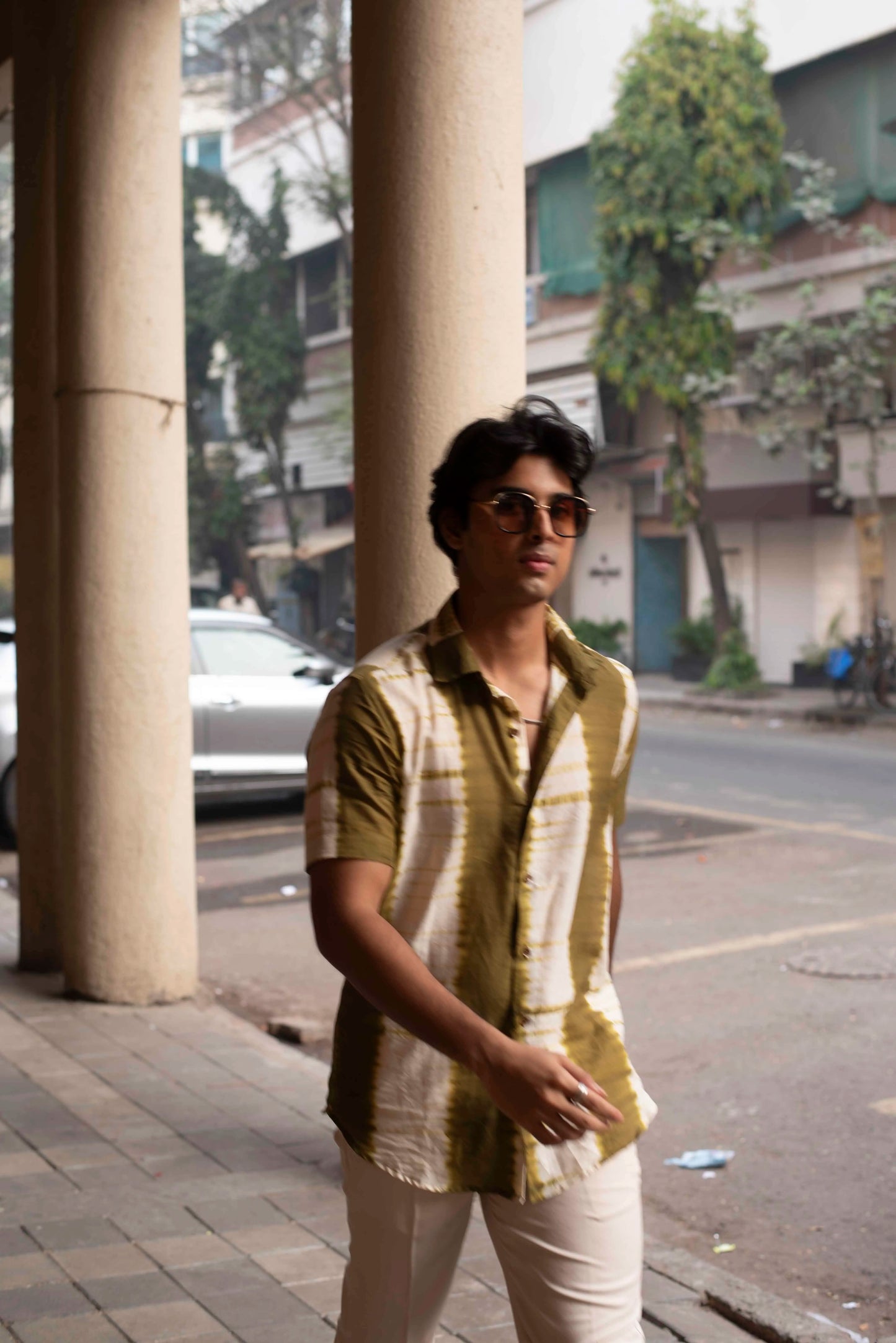 Olive Shibori Cotton Shirt Men