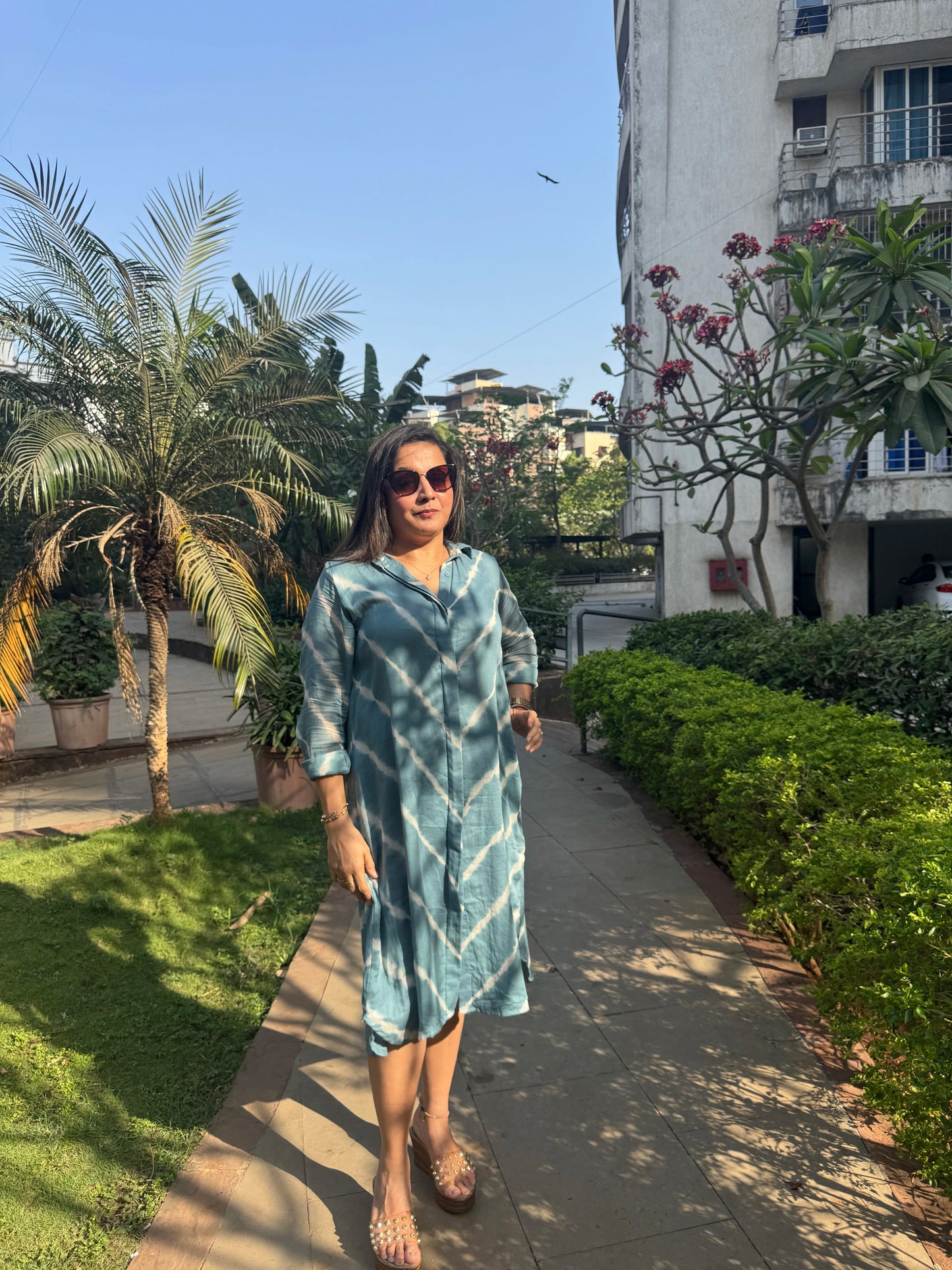 Blue Lehariya Cotton Shirt Dress