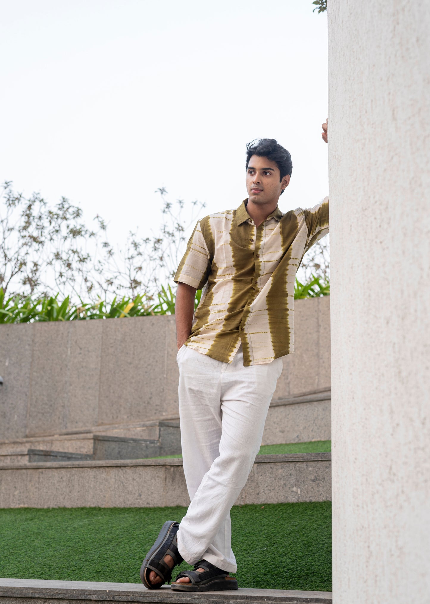 Olive Shibori Cotton Shirt Men