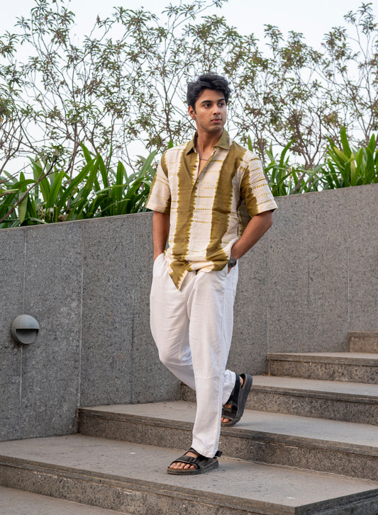 Olive Shibori Cotton Shirt Men