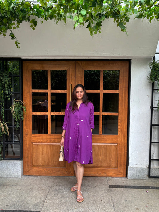 Purple Bandhani Cotton Shirt Dress