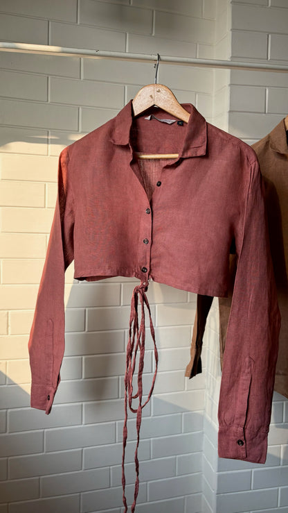 Mauve linen cropped shirt for women