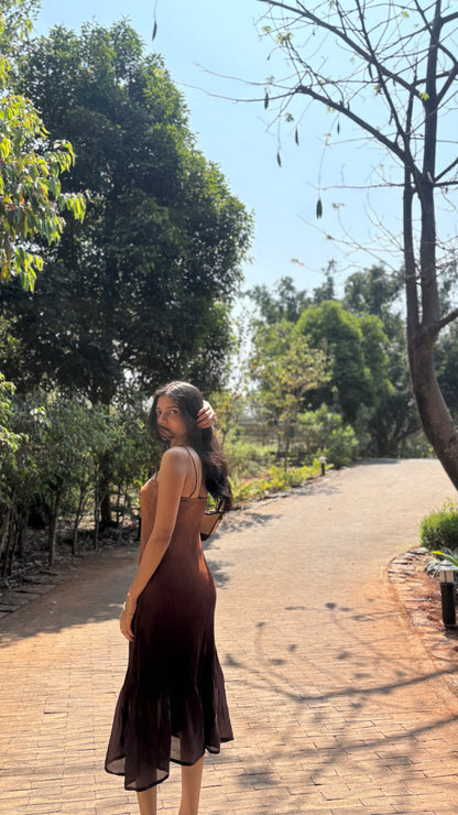 Brown Ruffle Spaghetti Straps Midi Dress