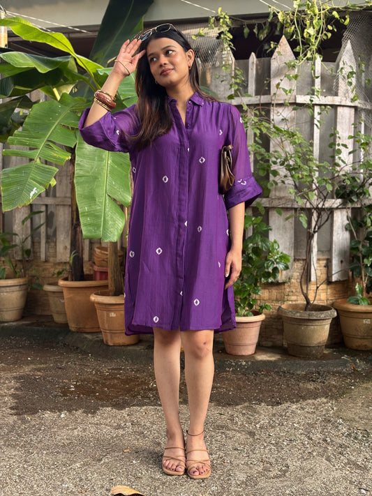 Purple Bandhani Cotton Shirt Dress