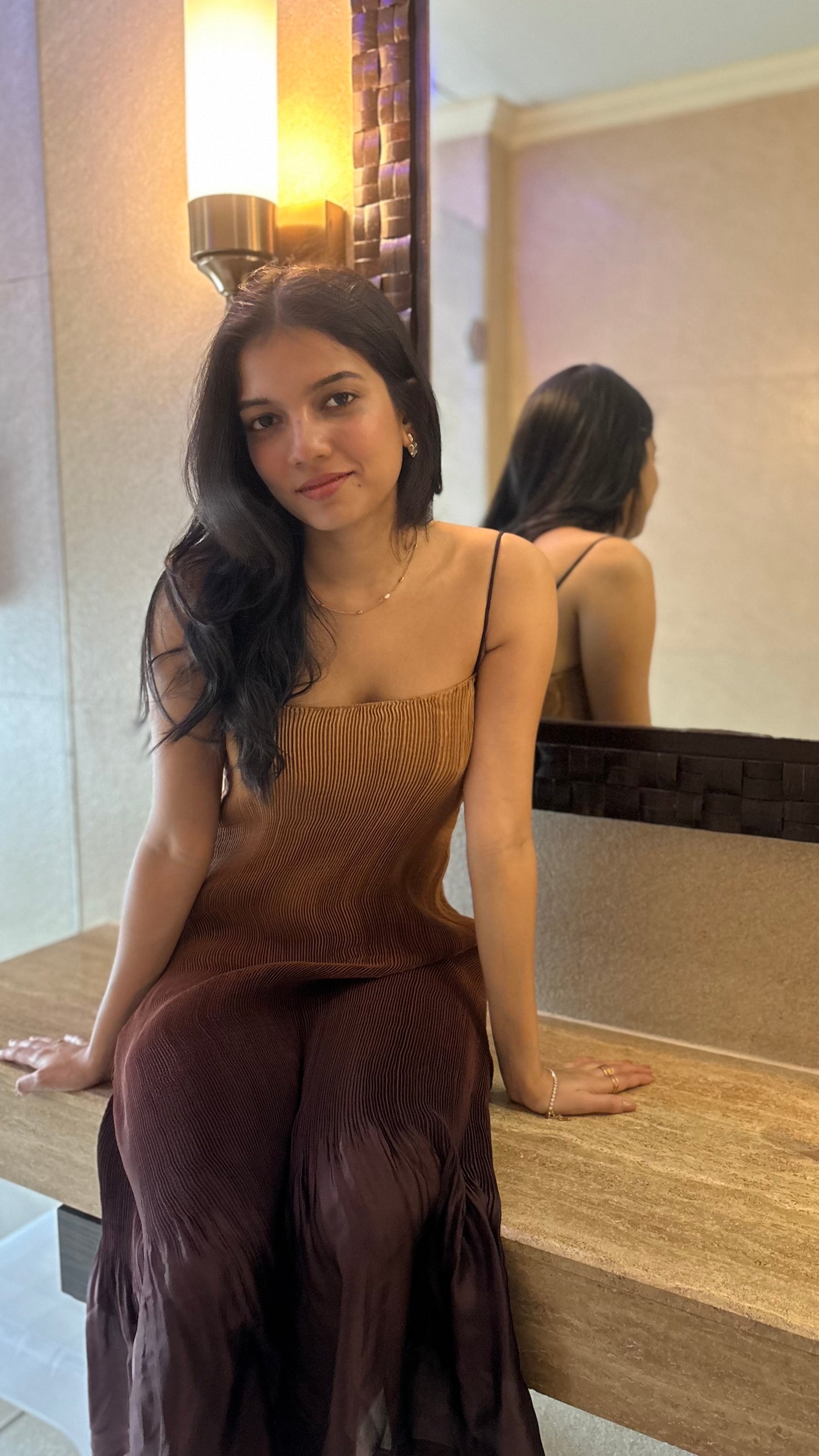 Brown Ruffle Spaghetti Straps Midi Dress