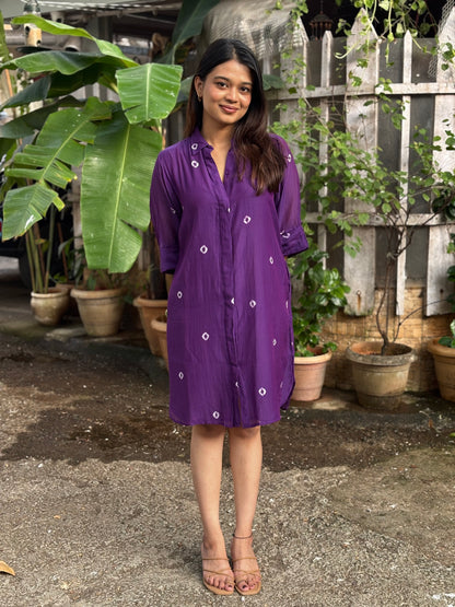 Purple Bandhani Cotton Shirt Dress