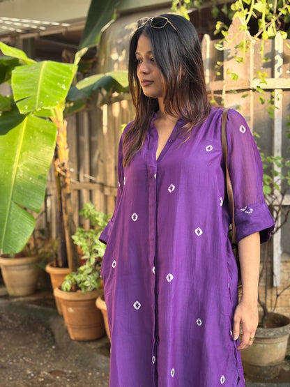Purple Bandhani Cotton Shirt Dress