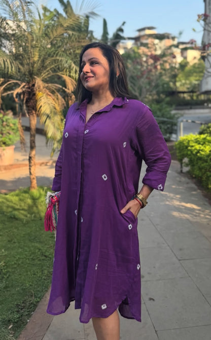Purple Bandhani Cotton Shirt Dress