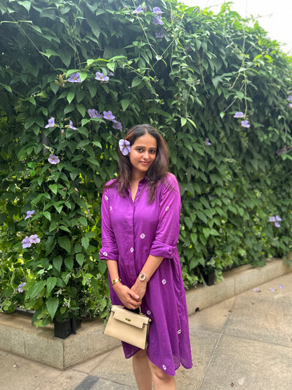Purple Bandhani Cotton Shirt Dress