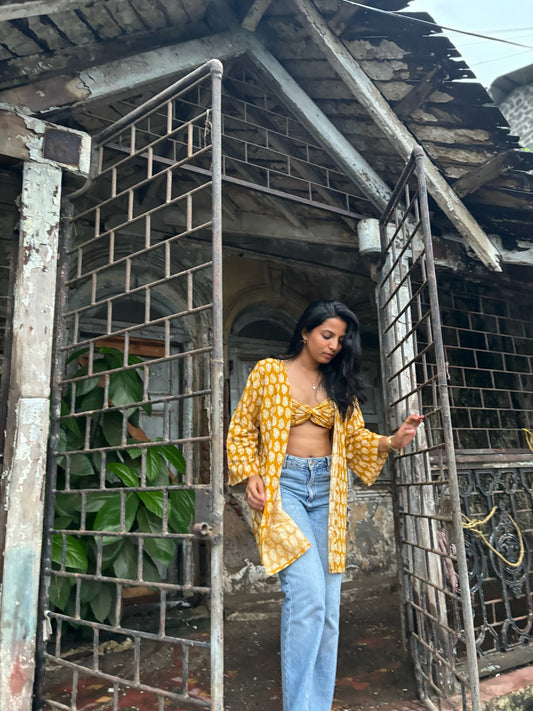 Yellow Handblock kimono and bralette co-ord set for women