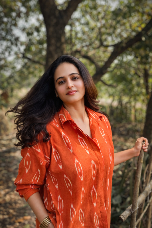 Burnt Orange Ikat Cotton shirt for Women