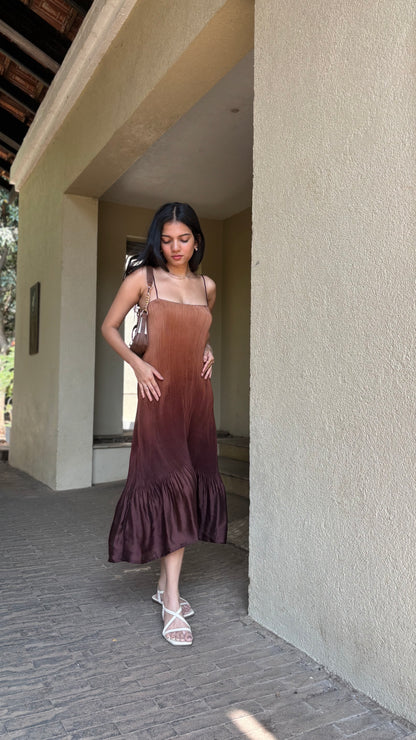 Brown Ruffle Spaghetti Straps Midi Dress