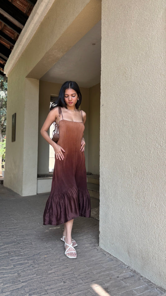 Brown Ruffle Spaghetti Straps Midi Dress