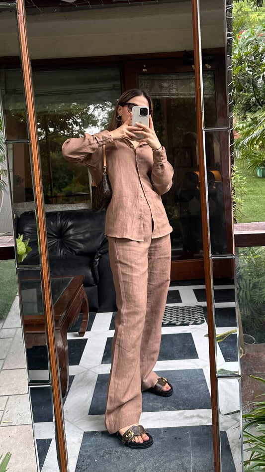 Brown linen trousers for women