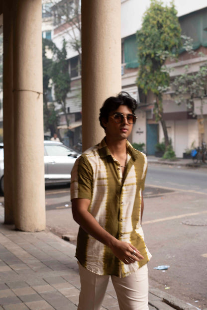 Olive Shibori Cotton Shirt Men