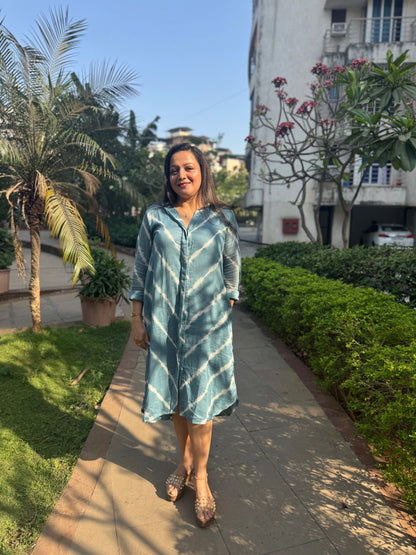 Blue Lehariya Cotton Shirt Dress
