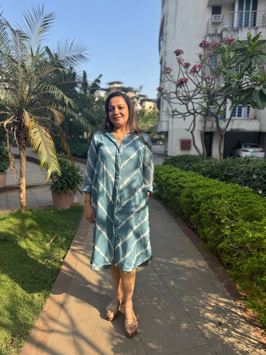 Blue Lehariya Cotton Shirt Dress