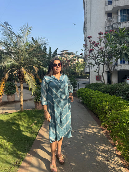 Blue Lehariya Cotton Shirt Dress