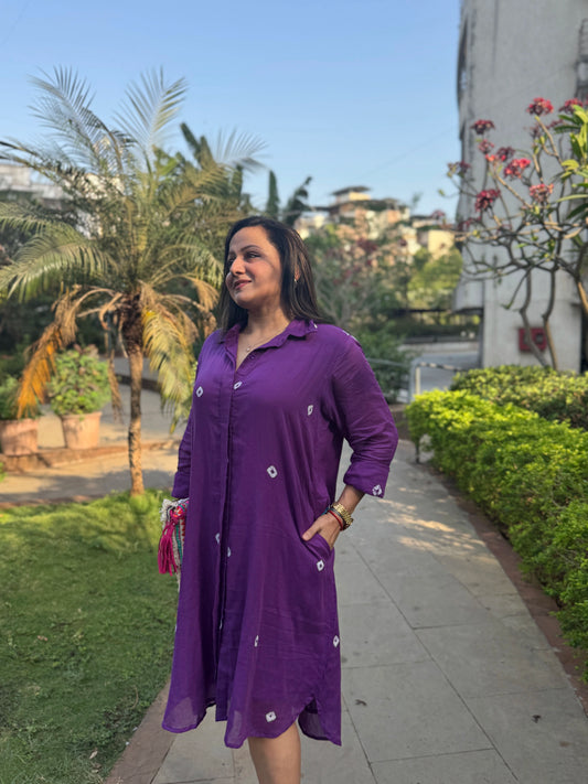 Purple Bandhani Cotton Shirt Dress