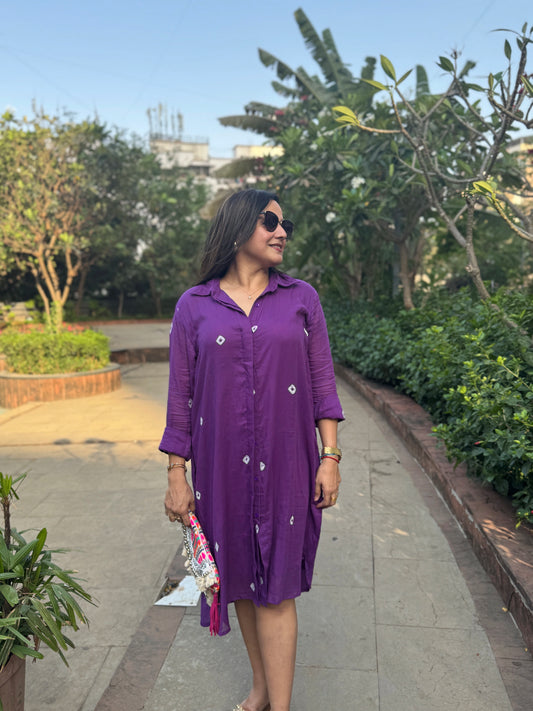 Purple Bandhani Cotton Shirt Dress